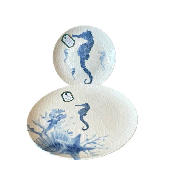 INTESA HOME Sea Life Blue Seahorse Porcelain Salad & Dinner Plate Set of 2 NEW - Picture 14 of 15